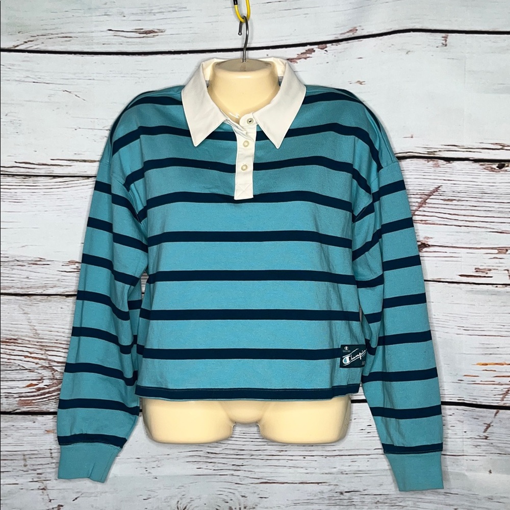 Champion NWT Size L Blue Stripe - Collar Loose Fit Cropped Rugby Tee Knit Top